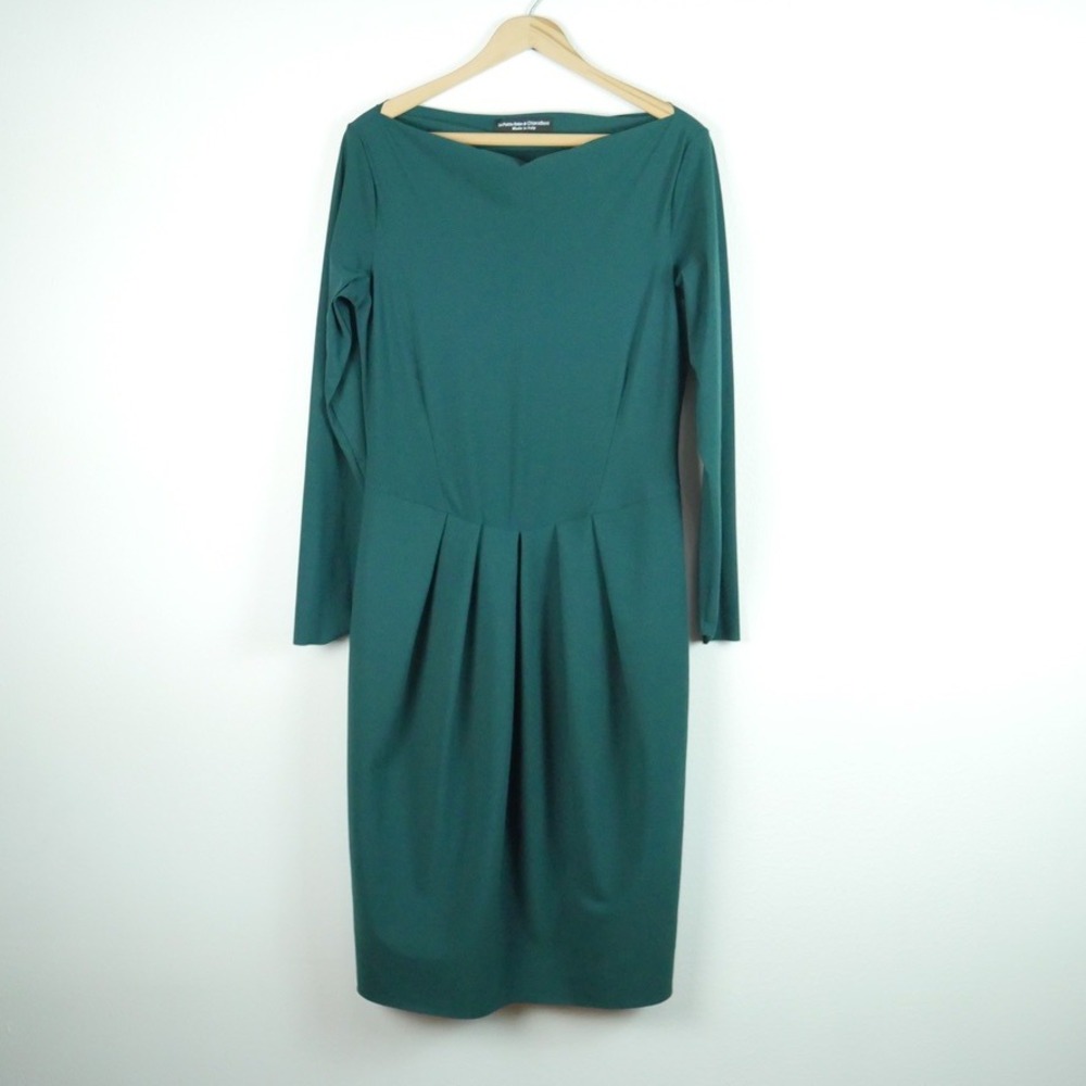 La Petite Robe di Chiara Boni Green Long Sleeve Pleated Bateau Midi Dress  50 XL